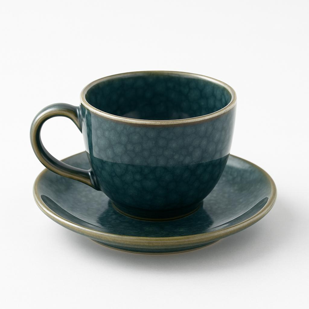 Deep Teal Glazed Ceramic Cup and Saucer Set – Artisan Stoneware Finish