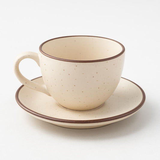 Speckled Ceramic Cup and Saucer Set – Matte Cream with Brown Rim