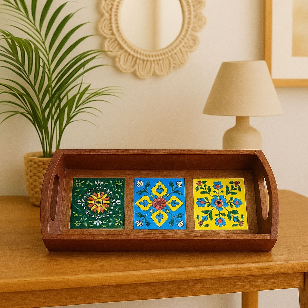 Wooden Tray (2-3-4 Tiles) – Handcrafted Elegance of Blue Pottery