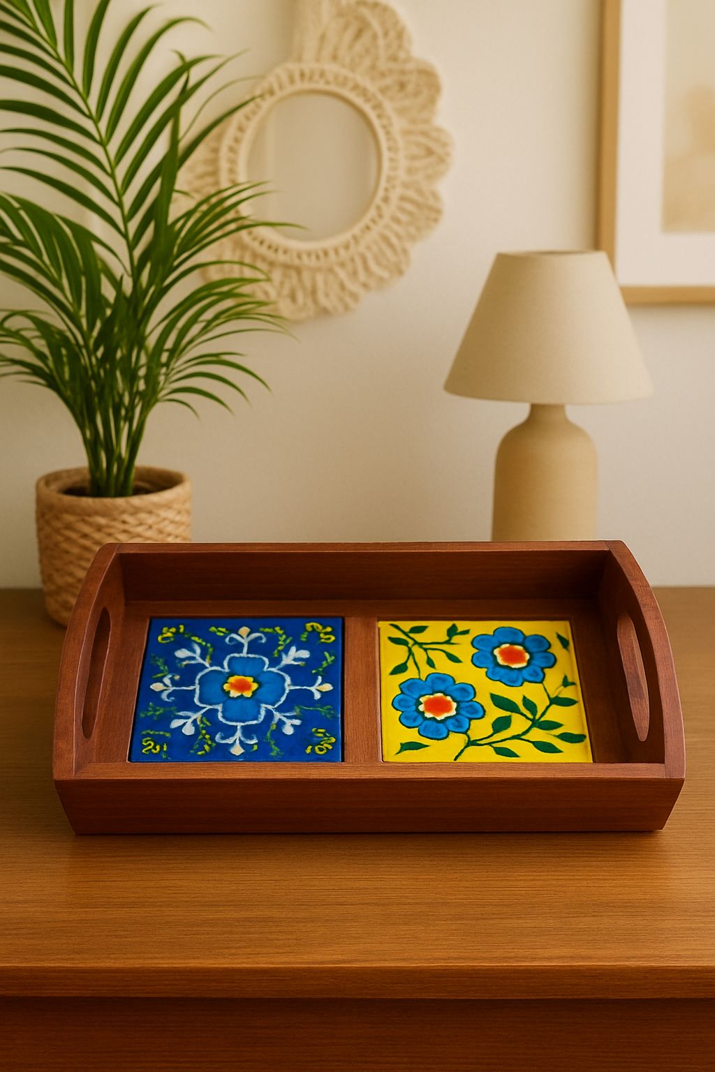 Wooden Tray (2-3-4 Tiles) – Handcrafted Elegance of Blue Pottery