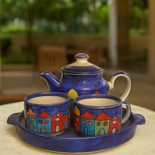 Hand-Painted Blue Ceramic Tea Set with Tray (1 Kettle, 2 Cups, 1 Tray) – Village House Design