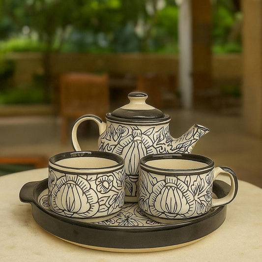 Handcrafted Black & White Floral Ceramic Tea Set with Tray (1 Kettle, 2 Cups, 1 Tray)