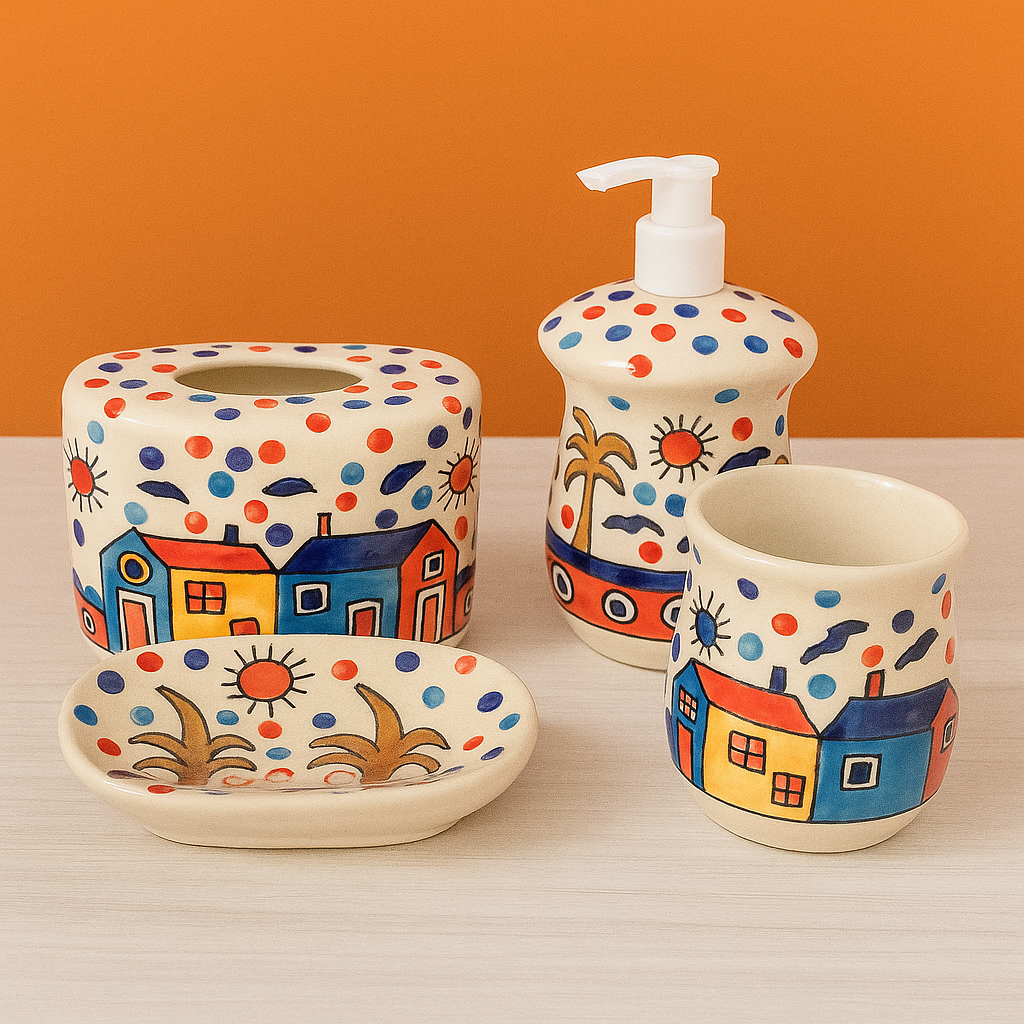 Hand-Painted Ceramic 4-Piece Bathroom Set – Colorful Village Design