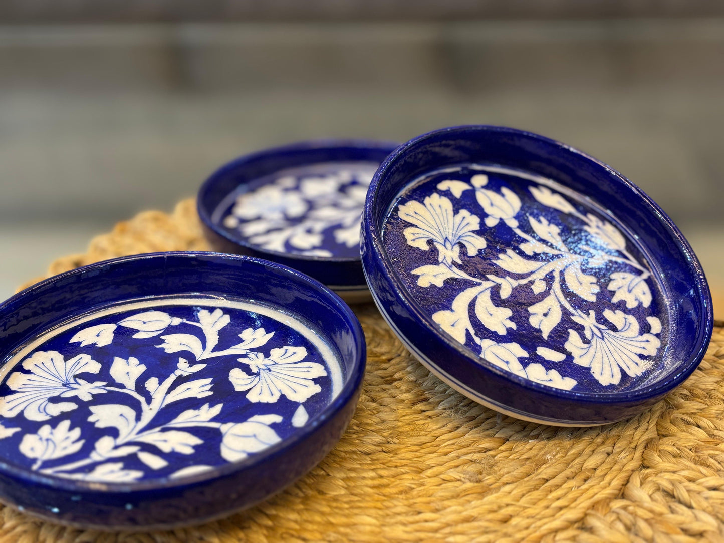 Handcrafted Blue Pottery Serving Plates – Floral Design (Set of 3)