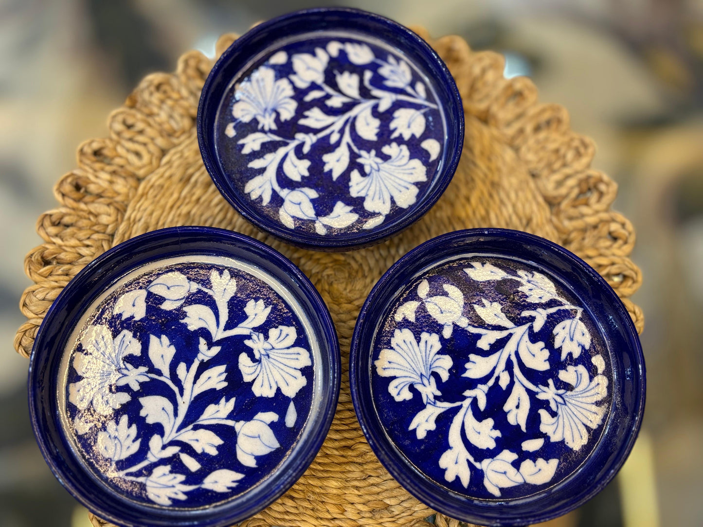 Handcrafted Blue Pottery Serving Plates – Floral Design (Set of 3)