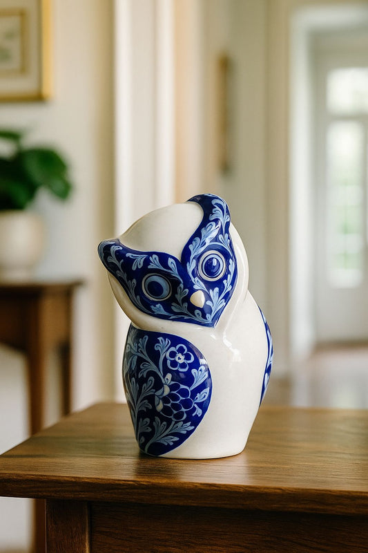 Handcrafted Blue Pottery Owl – Symbol of Wisdom, Luck & Charm