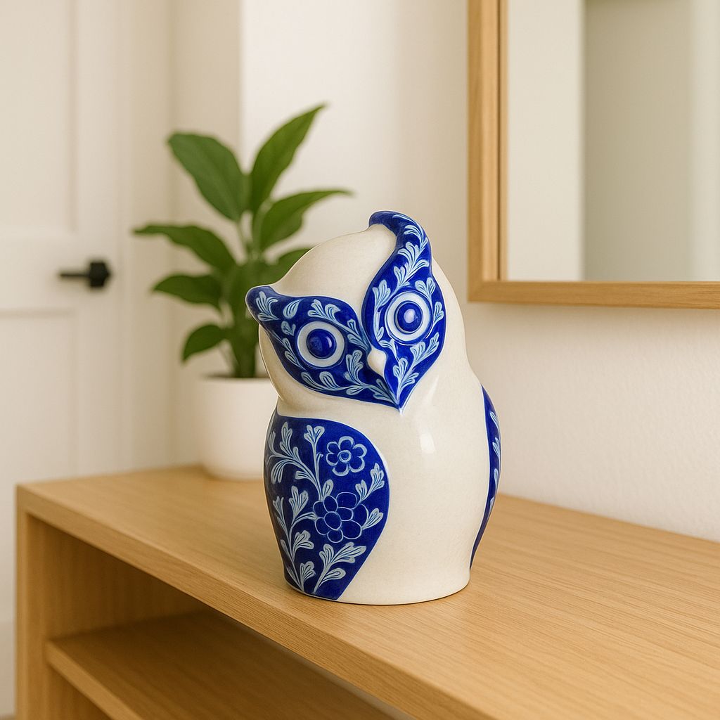 Handcrafted Blue Pottery Owl – Symbol of Wisdom, Luck & Charm