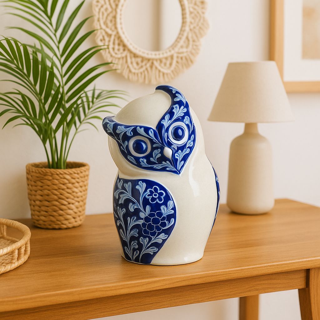 Handcrafted Blue Pottery Owl – Symbol of Wisdom, Luck & Charm