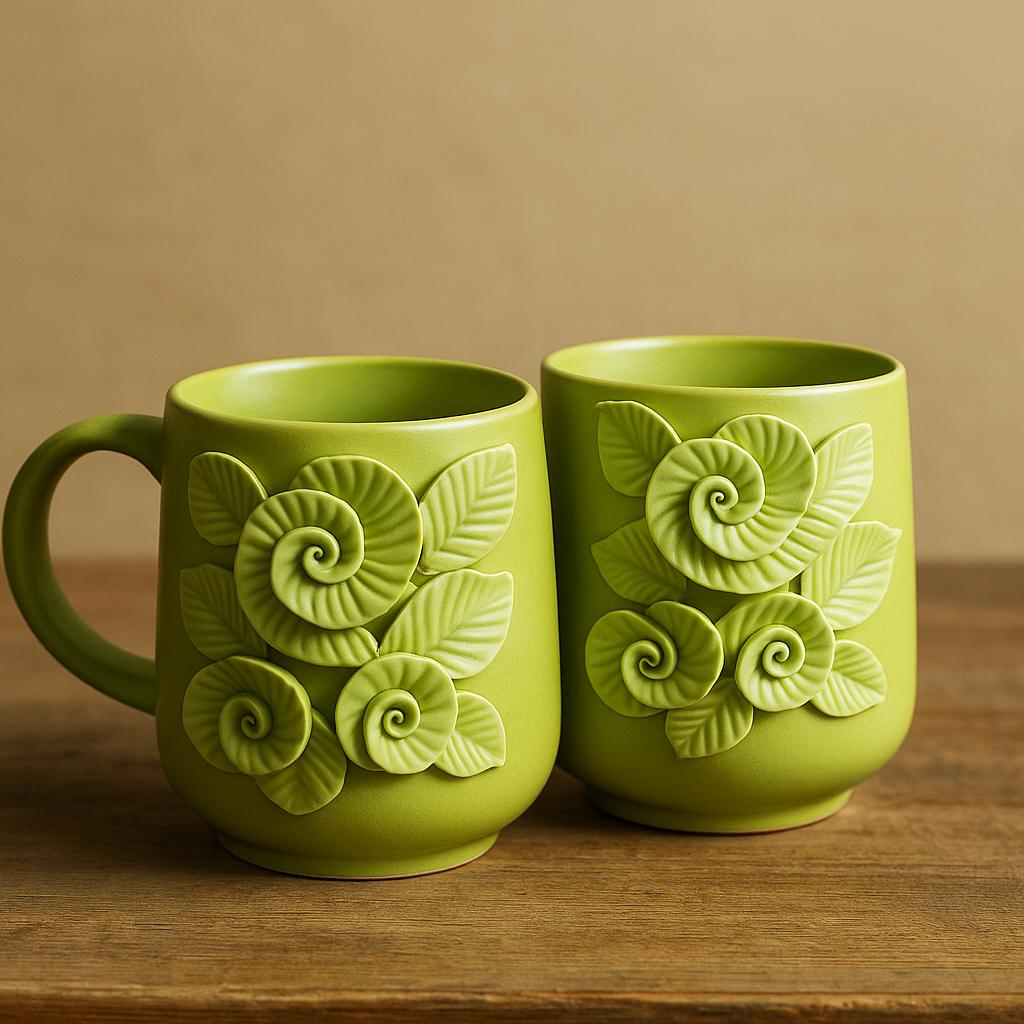 Handcrafted Green Leaf & Spiral Ceramic Mug – Set of 2
