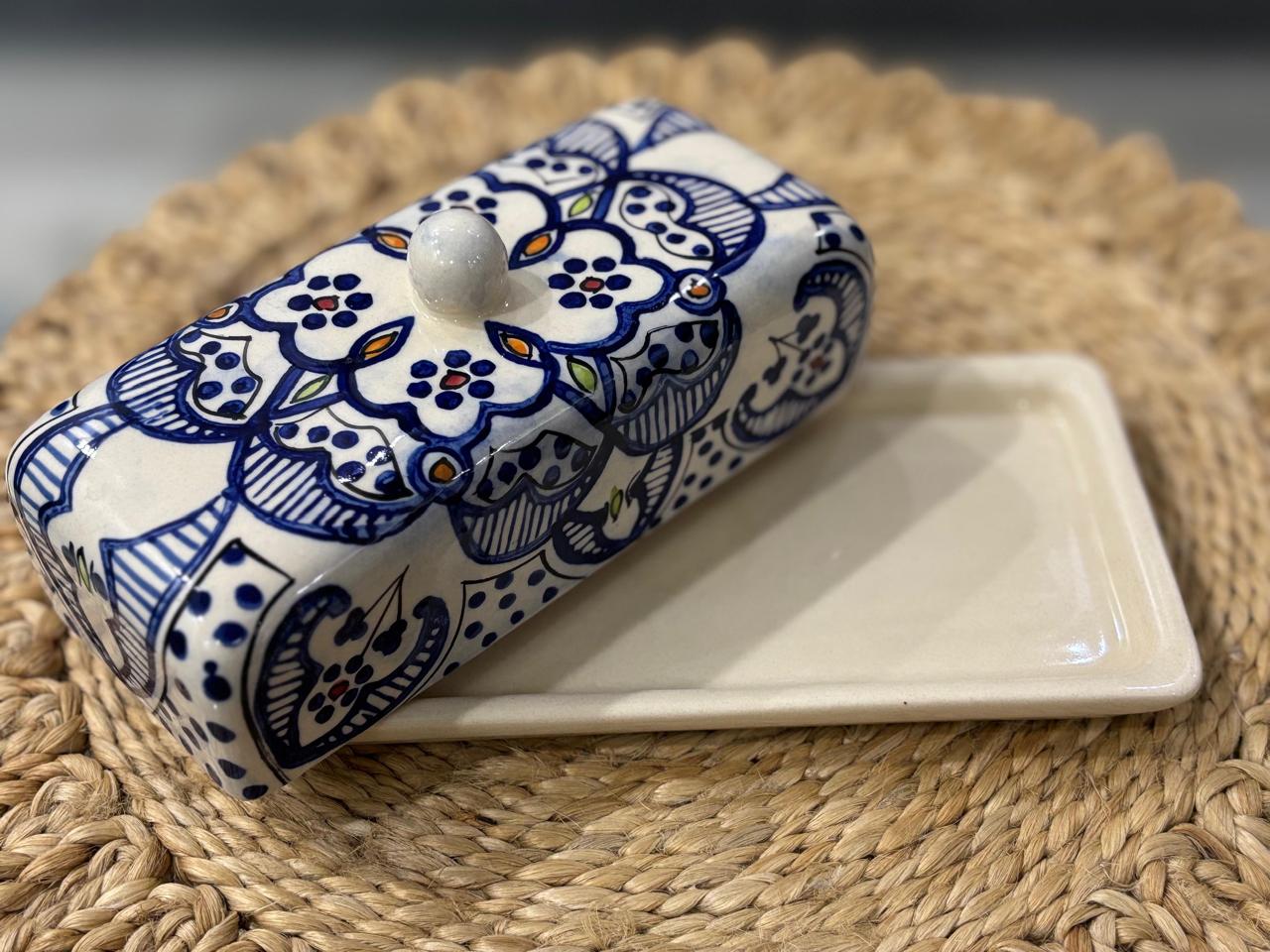Hand-Painted Ceramic Butter Tray with Lid – Blue Pottery Design