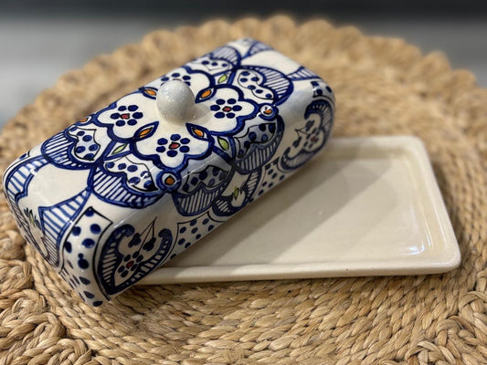 Hand-Painted Ceramic Butter Tray with Lid – Blue Pottery Design