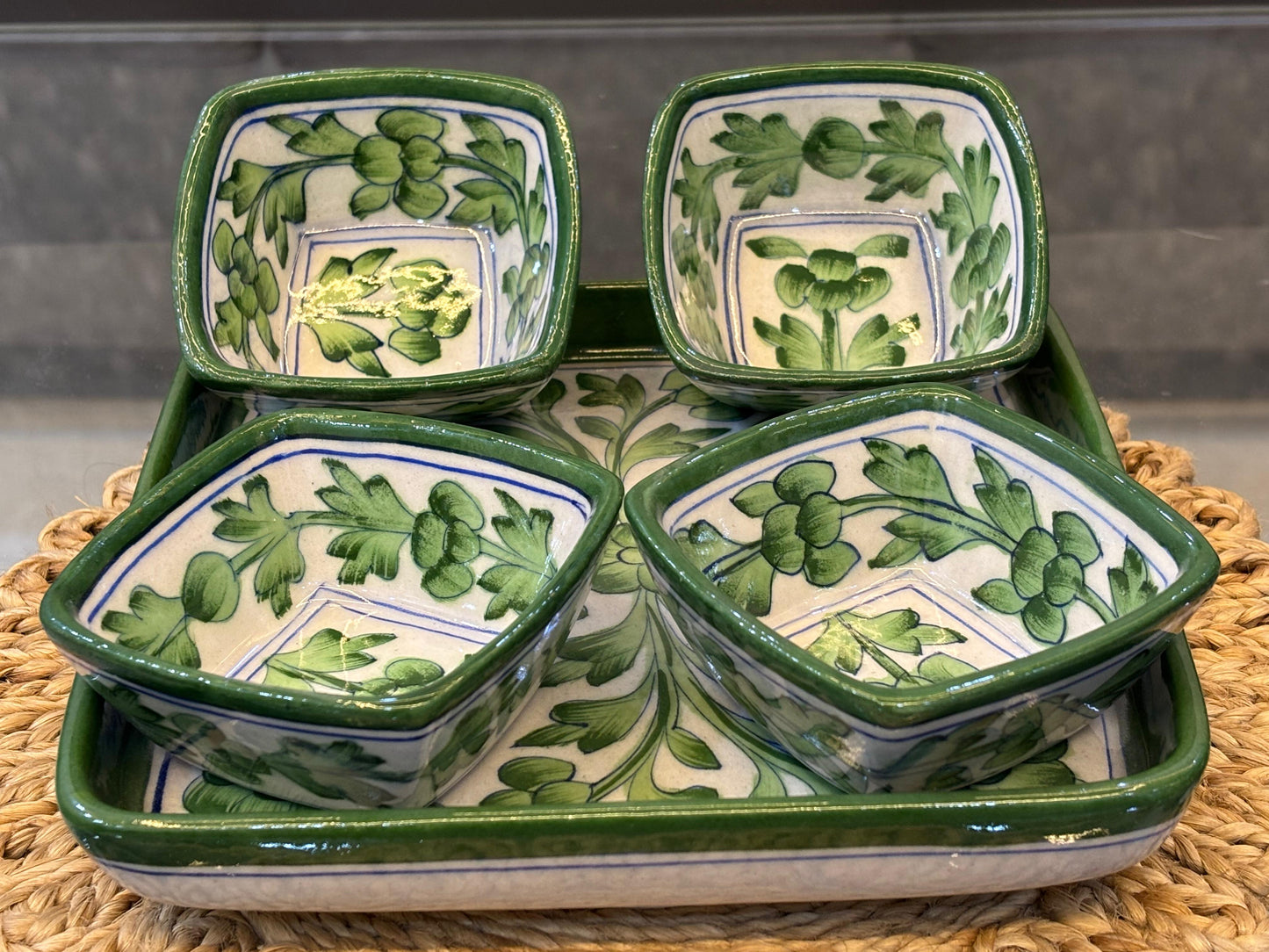 Hand-Painted Blue Pottery Tray & Bowl Set – Leafy Green Design (5-Piece)
