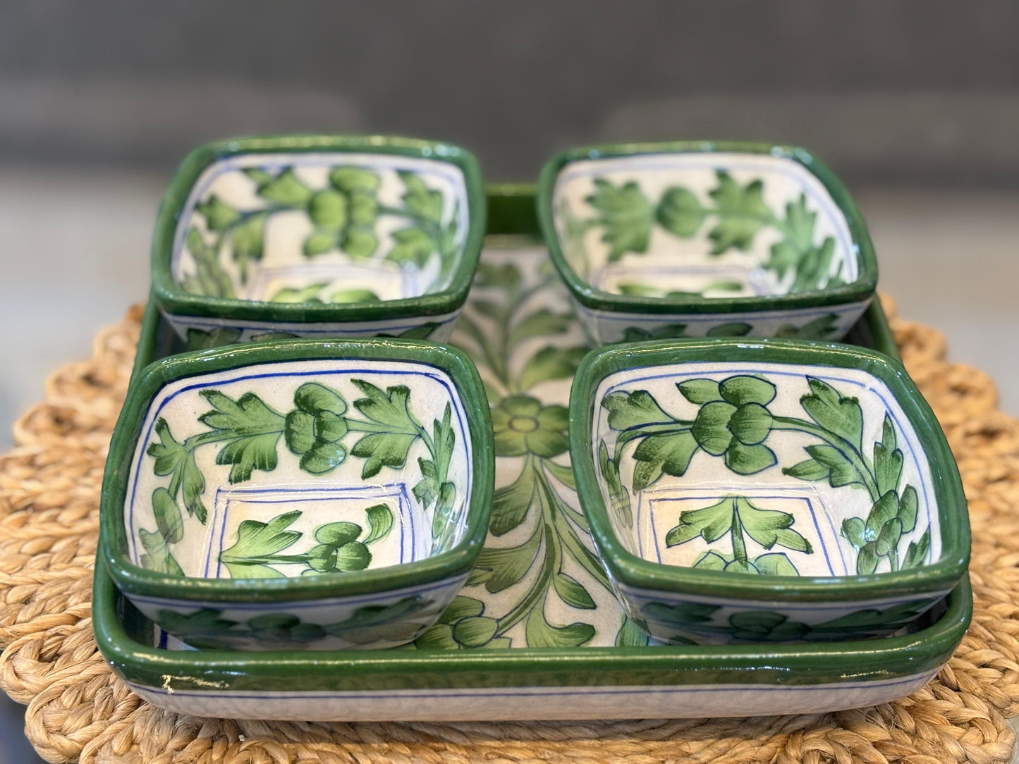 Hand-Painted Blue Pottery Tray & Bowl Set – Leafy Green Design (5-Piece)