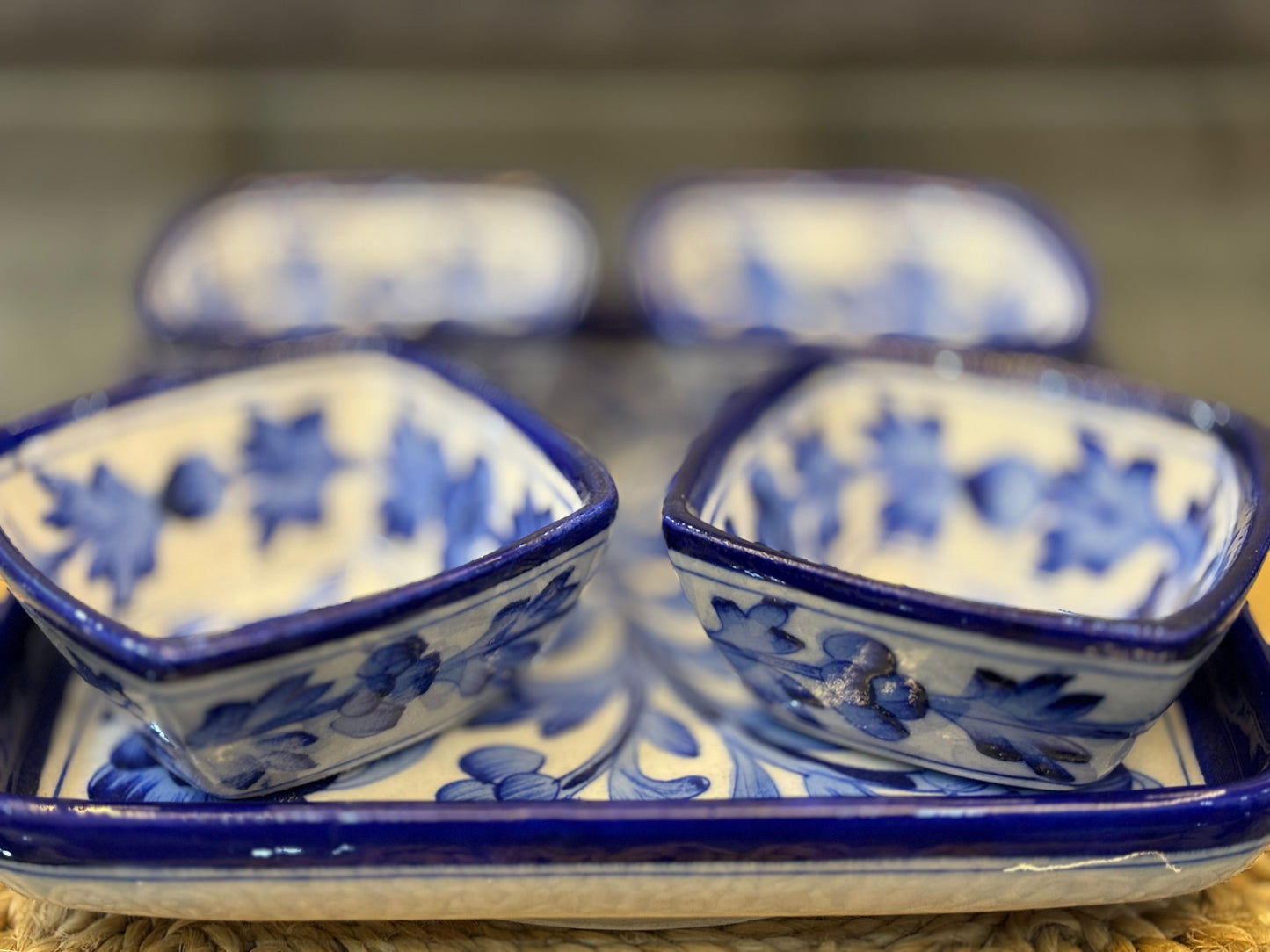 Classic Blue Pottery Tray & Bowl Set – White & Indigo Floral (5-Piece)
