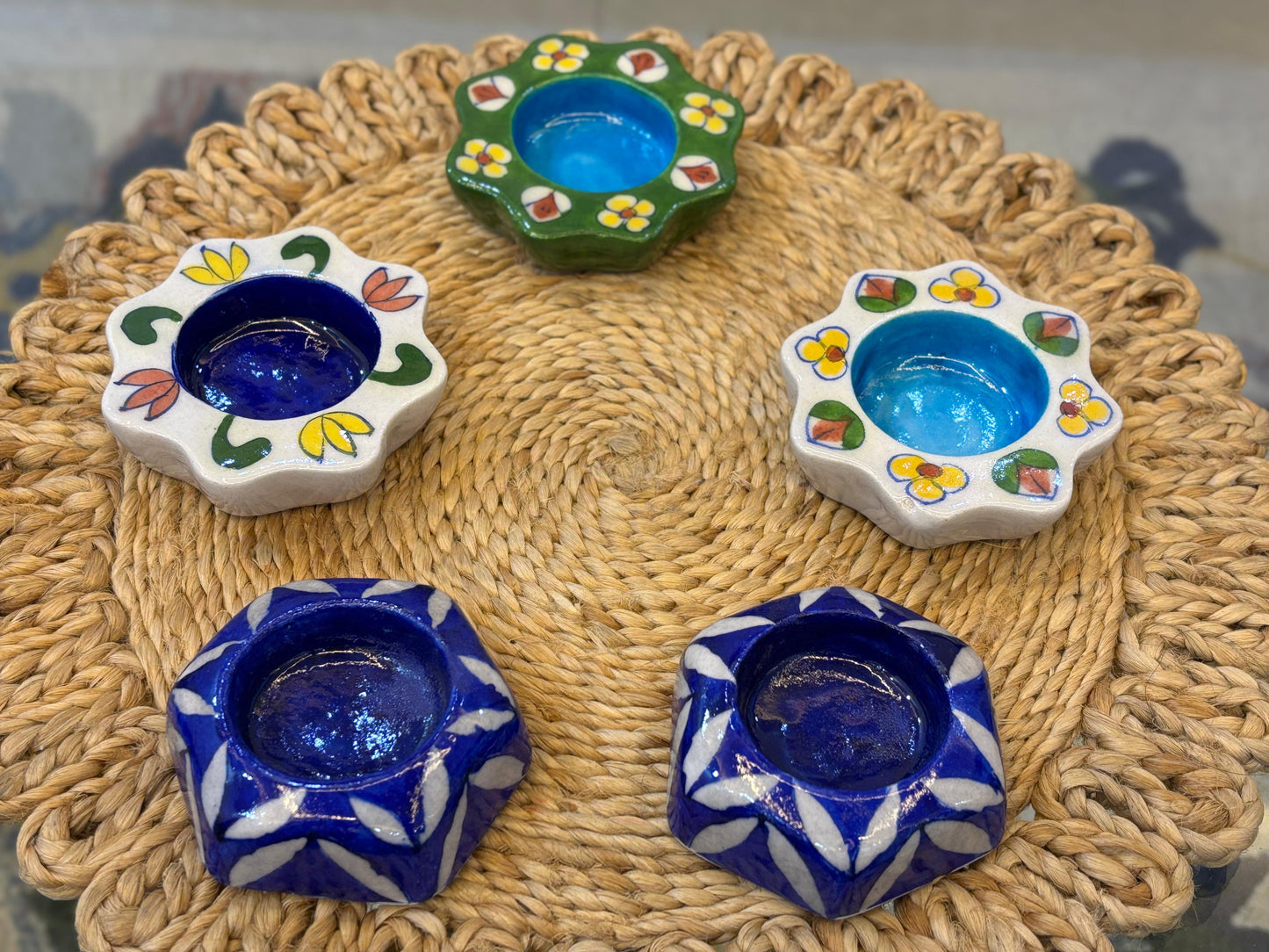 Handcrafted Blue Pottery Tea-Light Holders – Floral & Geometric Assorted Set (Set of 5)