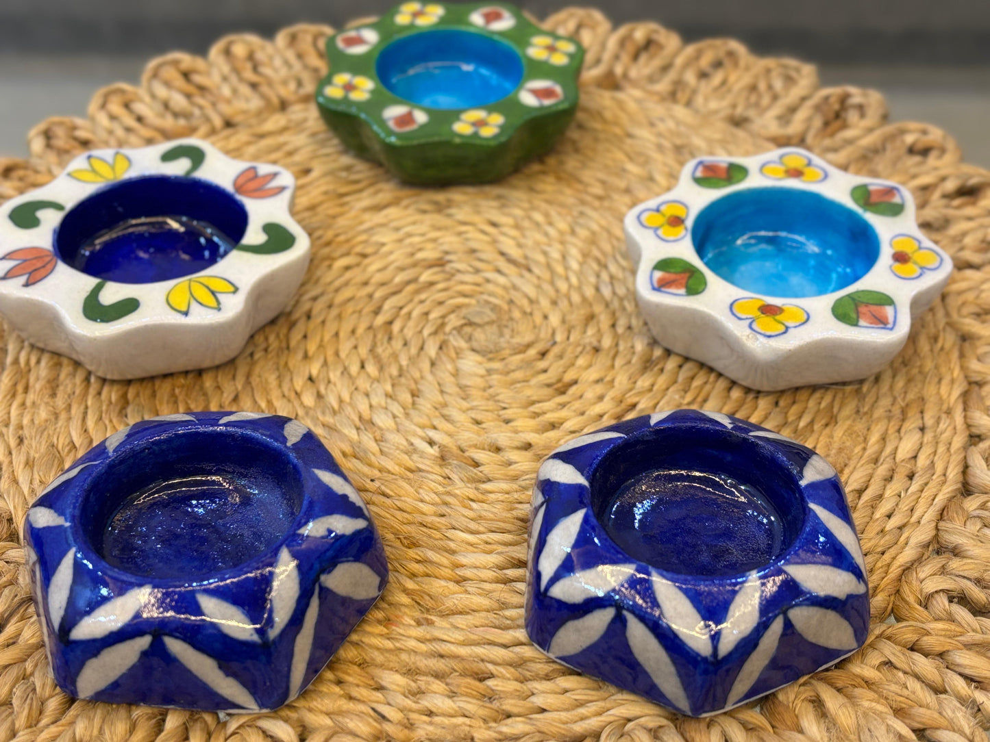 Handcrafted Blue Pottery Tea-Light Holders – Floral & Geometric Assorted Set (Set of 5)