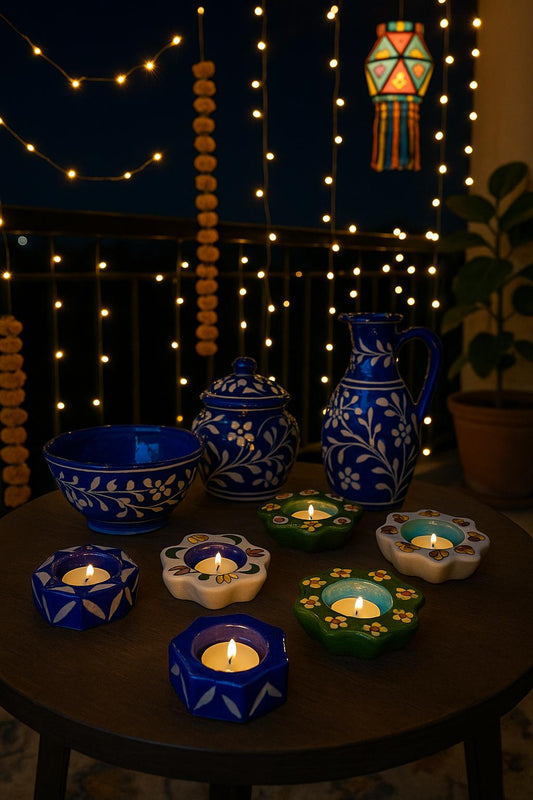 Handcrafted Blue Pottery Tea-Light Holders – Floral & Geometric Assorted Set (Set of 5)