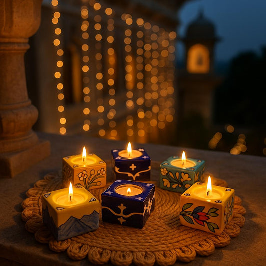Hand-Painted Blue Pottery Tea-Light Candle Holders – Assorted Square Design (Set of 4)