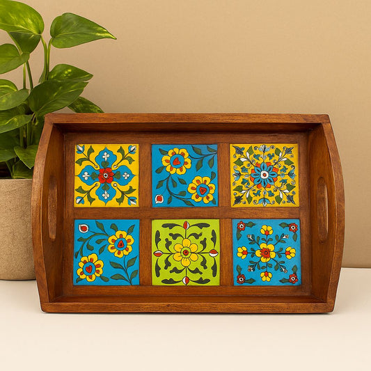 Wooden Tray for Kitchen (6 Tiles, 9 Tiles): Handcrafted Elegance of Blue Pottery