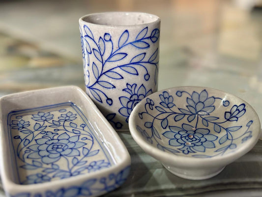 Handcrafted Blue pottery Bathroom Set - Indigo Blue (Set of 3)