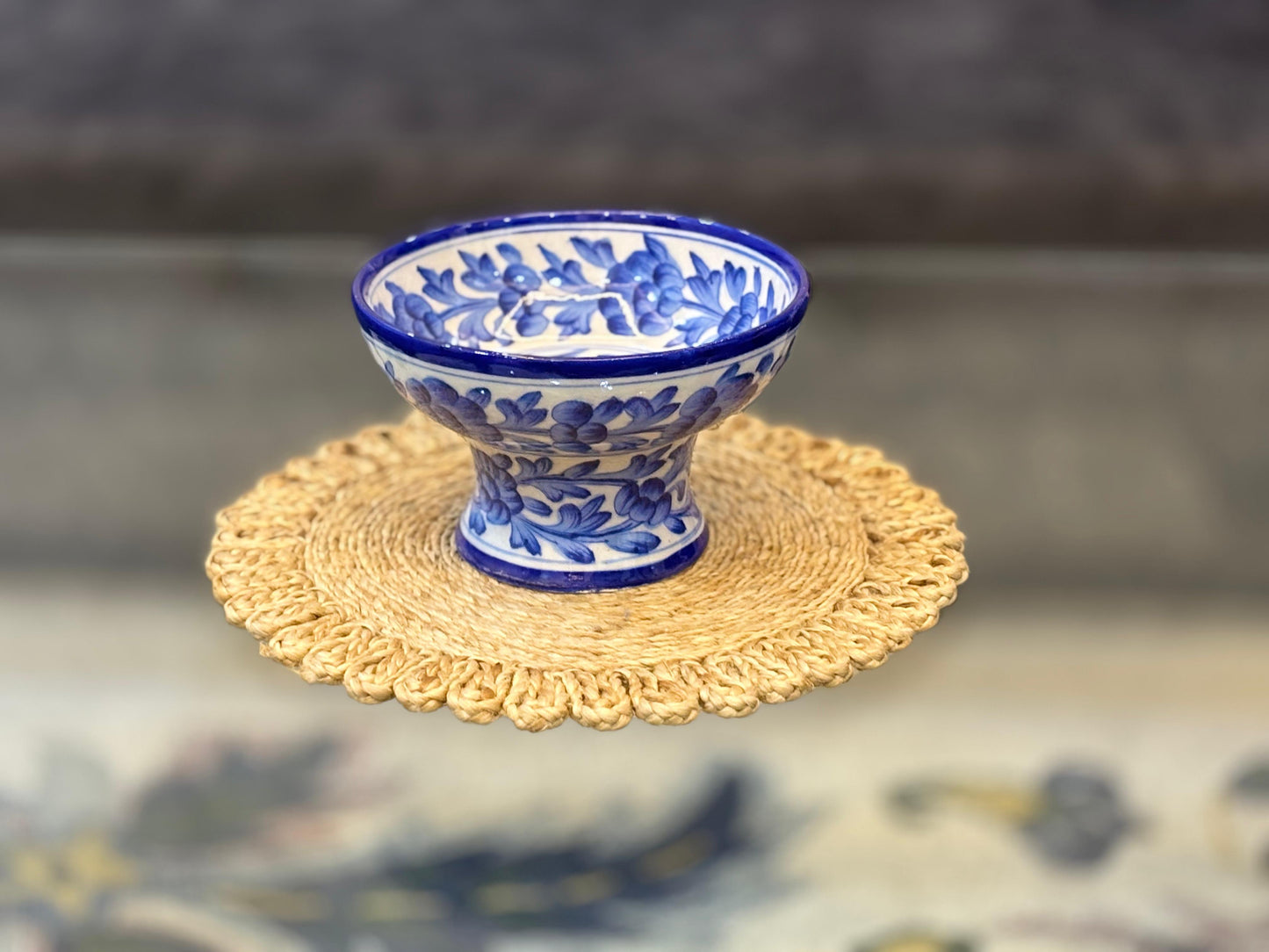 Hand-Painted Blue Floral Pedestal Bowl – Ceramic Multi-Purpose Dish