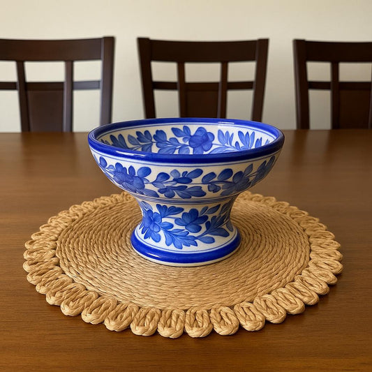 Hand-Painted Blue Floral Pedestal Bowl – Ceramic Multi-Purpose Dish