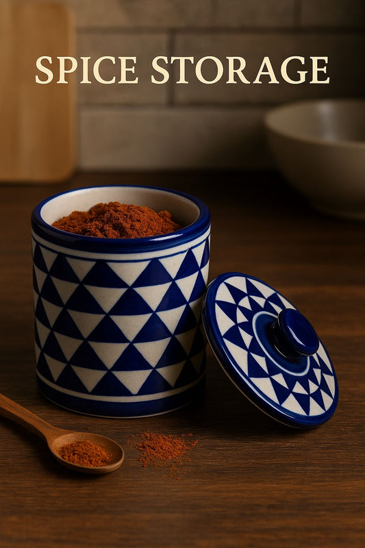 Handcrafted Blue Pottery Jar with Lid – Geometric Design