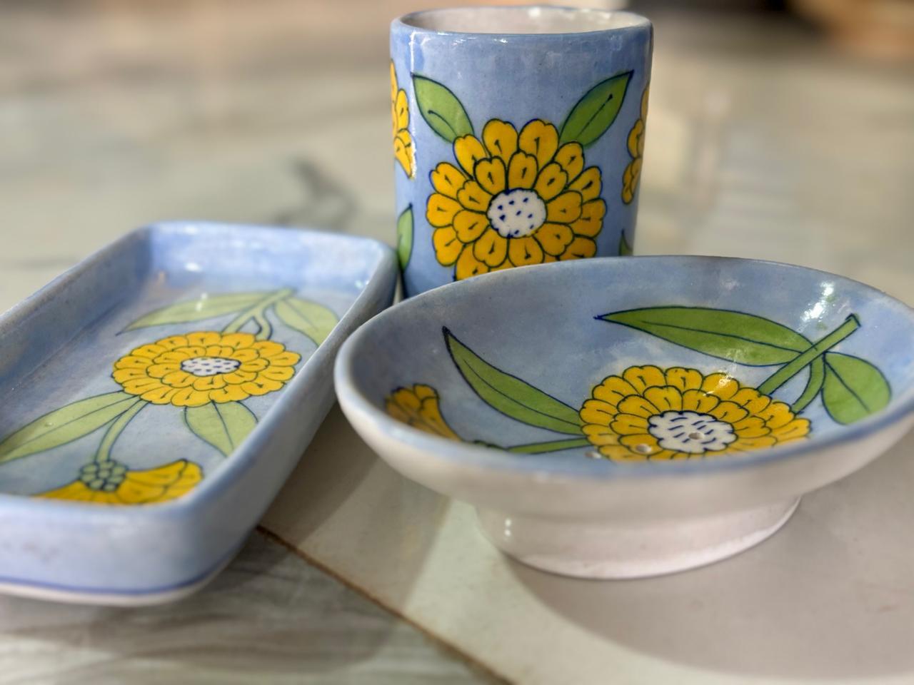Hand-Painted Yellow Floral Ceramic Bathroom Set – Inspired by Mughal Gardens