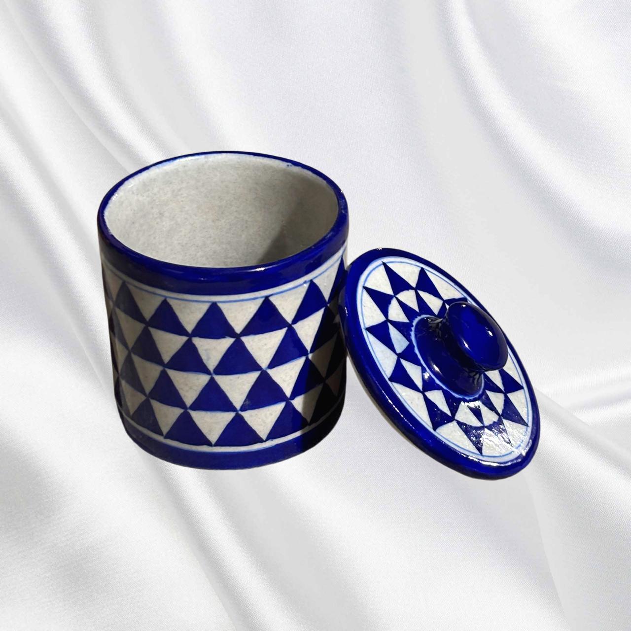 Handcrafted Blue Pottery Jar with Lid – Geometric Design