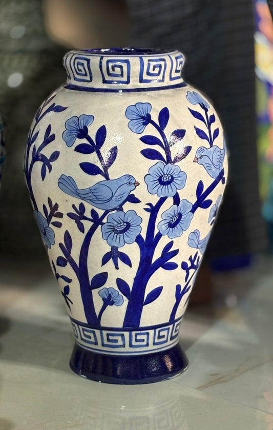 Handcrafted Blue Pottery Flower Vase – Bird & Floral Design
