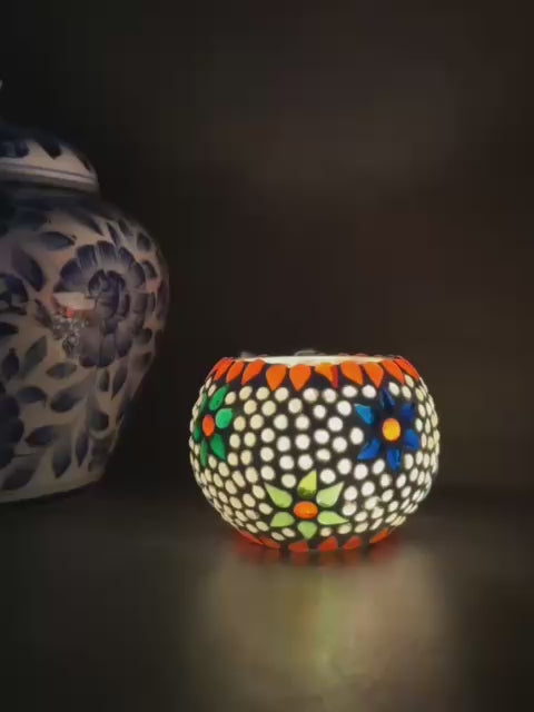 Handcrafted Multicolor Dotwork Tea Light Lantern – Ceramic Votive Holder (Set of 4)