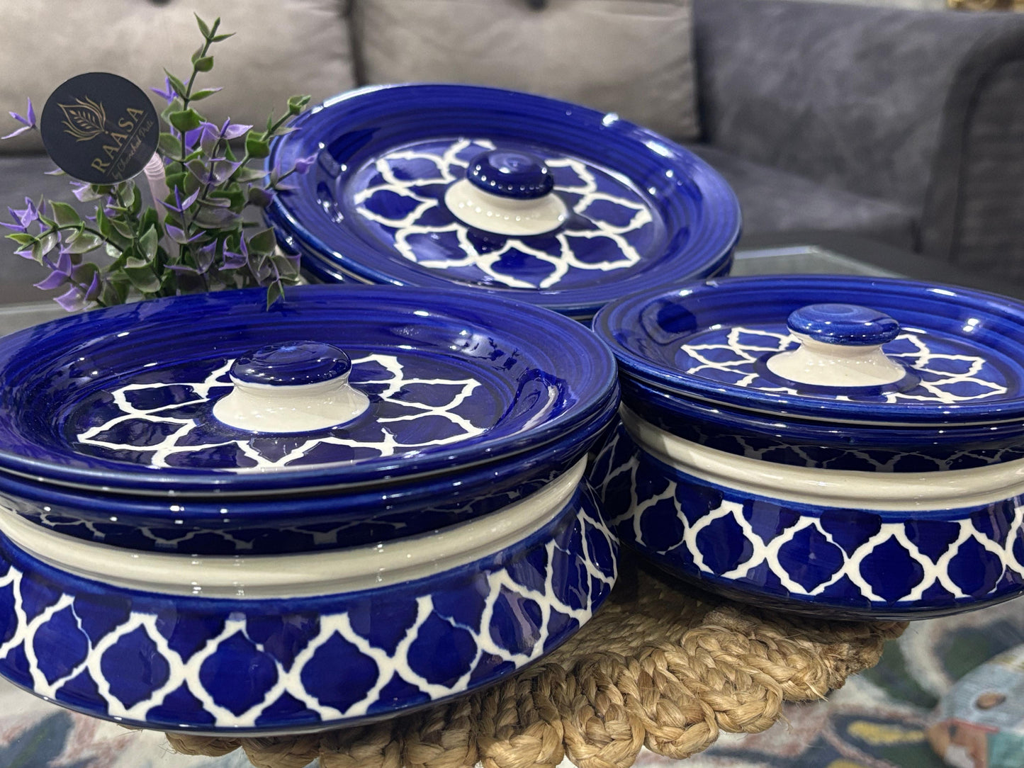 Royal Blue & White Handcrafted Ceramic Serving Bowl – Set of 3 Sizes