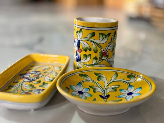 Hand Painted Yellow Pottery Bathroom Set -  Mughal garden (Set of 3)